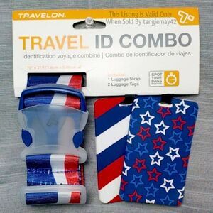 Travelon Travel ID Combo Luggage Strap & Luggage Tags Red White Blue #12840 NWT
